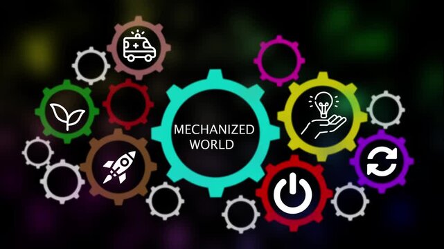 Mechanized World Concept Depicted by Interconnected Gears and Icons Keywords: gears, cogwheels, interconnected, system, mechanism, technology