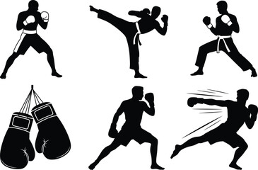 Boxing and martial arts silhouettes, fighters training and fighting poses, combat sports icons, fitness strength action illustrations isolated background