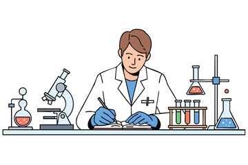 Cartoon scientist in lab coat writes in notebook, surrounded by equipment