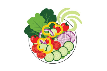 A colorful, flat-design illustration of a salad bowl with various veggies
