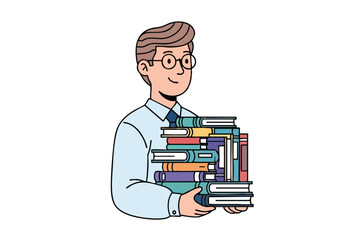 A smiling man, wearing glasses, holds a large stack of colorful books, on white