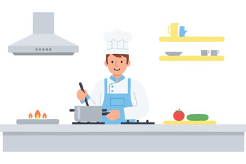 A smiling chef stirs a pot on a stove, kitchen items nearby