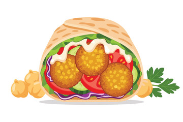 A wrapped falafel sandwich with veggies, sauce, and chickpeas