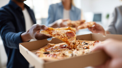 Close-up shot of diverse business colleagues' hands taking pizza slices from delivery box during office celebration, team lunch gathering, defocused workplace, with copy space