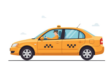 A yellow taxi with a driver, antenna, and black checkerboard markings