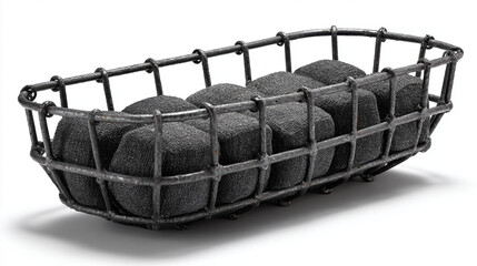 Welded steel mesh cradle containing compressed textile core isolated on white background