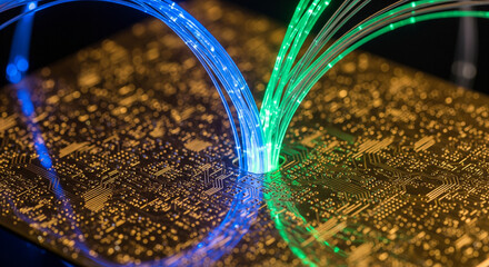 A photorealistic, extreme macro shot of a complex network of glowing fiber optic cables and dense, gold-plated circuitry, with vibrant electric blue and neon green light trails, deep depth of field,