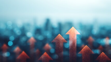 A blurred cityscape with upward-pointing arrows, symbolizing growth, progress, and success in a dynamic environment.