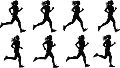 Female runner silhouette sequence vector set, woman jogging running poses, black fitness sport icons for training design projects
