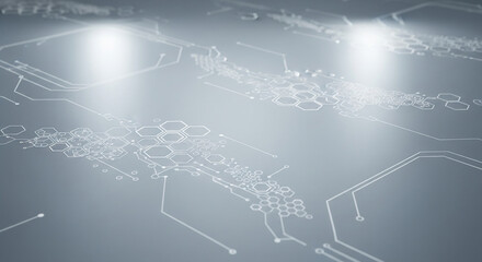 A clean, minimalist technical background featuring faint white vector lines and geometric hexagonal patterns etched onto a smooth, matte gray surface, subtle cool white lighting, high-resolution inter