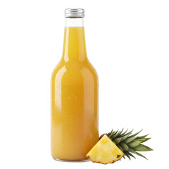 Clear Glass Bottle Filled With Yellow Pineapple Juice Beside A Pineapple Slice And Leaves Transparent Background