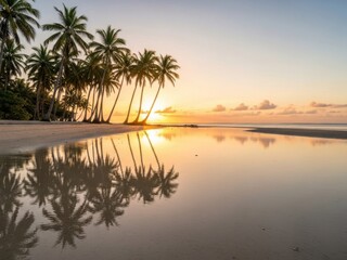 Fototapeta premium Tropical beach sunset with palm trees and reflection