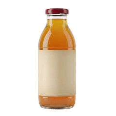 Clear Glass Bottle With Amber Liquid And Red Cap Blank Label On White Background Studio Shot