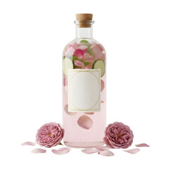 Clear Glass Bottle With Pink Infused Water Cucumber Slices Rose Petals And Green Mint Leaves