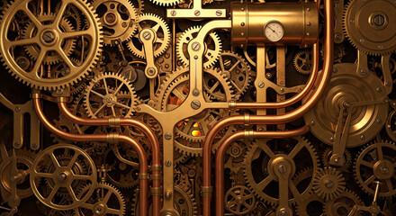  An intricate, detailed mechanical background made of polished brass gears, copper tubes, and complex clockwork components, illuminated by warm, internal amber light, steampunk aesthetic, ultra-detail
