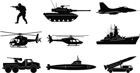 Military vehicle silhouette icon set, army soldier tank aircraft helicopter warship submarine missile launcher, black defense vector illustration collection