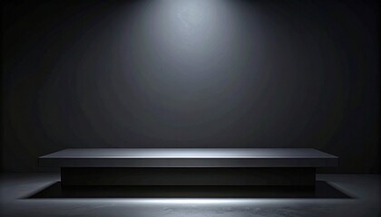 Obraz premium Empty dark stage with a focused spotlight illuminating a sleek black presentation pedestal. Minimalist background for product display, abstract concept, or theatrical setting