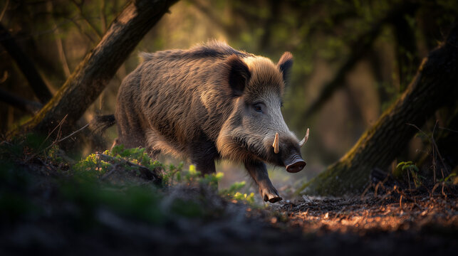 A wild boar charging through dense forest undergrowth, its tusks scraping against tree bark in dappled sunlight. wildlife magazines.