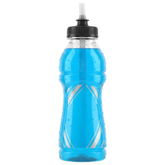 Close Up Of Blue Sports Drink In A Plastic Bottle With Straw And Water Droplets