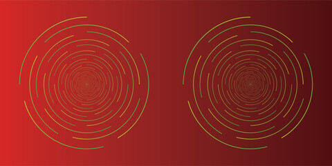 Set of 2 abstract fantasy red and gold whirpool surround golden star bordered by half of whites twinkle points as sparkling stars , snow or spotlight and golden ring background.