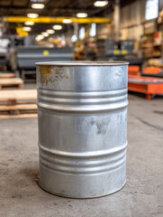 Fototapeta premium Metal barrel in a warehouse with blurred industrial background.