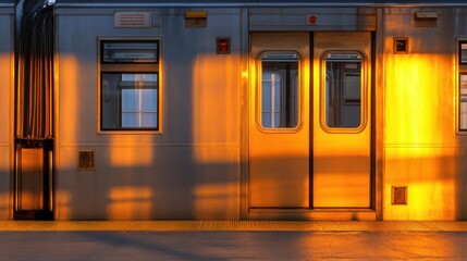 Golden sunlight glides across a train carriage, casting orange glow on metal panels and windows at dusk today