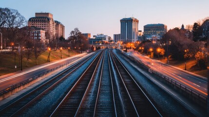 Converging railway tracks stretch toward a city skyline at dusk, glowing streetlights lining the urban rails