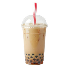 Iced Milk Tea With Tapioca Pearls and Red Straw in Clear Plastic Cup