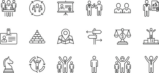 Fototapeta premium Business leadership teamwork icons set for strategy, success, planning, development, collaboration, achievement, decision-making, identity, and recognition concepts.