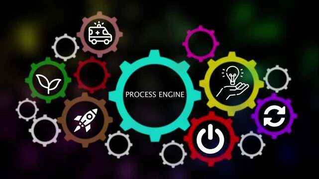 Process Engine Concept with Interlocking Gears and Icons Keywords: process engine, gears, interlocking, technology, innovation, workflow