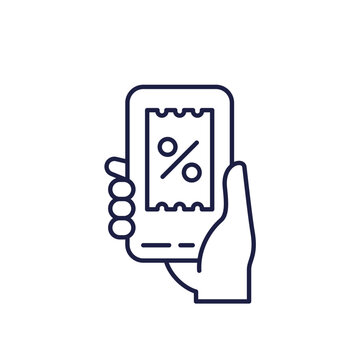 coupon app line icon with phone in hand, discounts and promo codes
