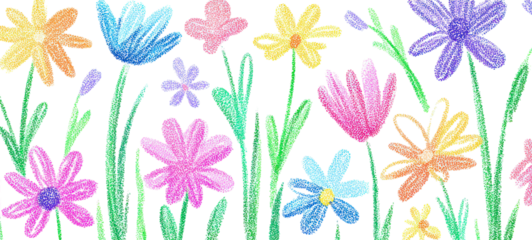 Flower kid crayon pencil vector — childish spring floral illustration on transparent background
