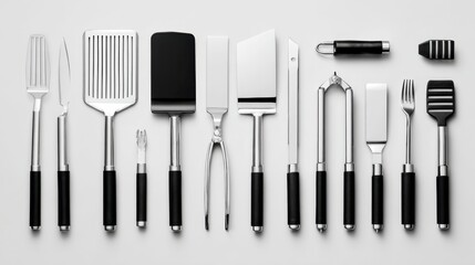 A precise display of kitchen tools—knives forks spatulas tongs and graters with black handles on white surface