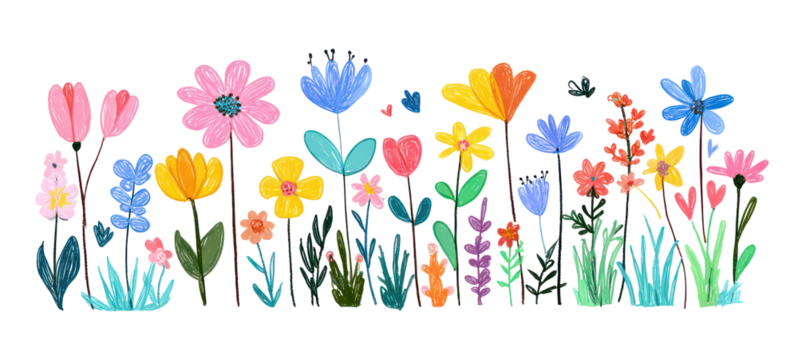 Flower kid crayon pencil vector — childish spring floral illustration on transparent background - Powered by Adobe