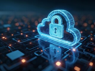 Abstract cloud computing tech. Safe encrypted storage, personal data protection, verified encryption technology. Security protocol for wireless file transfer drive service. Global database, online