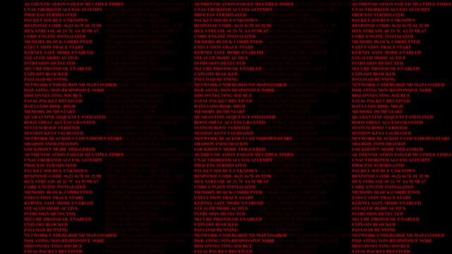 Multiple Red Digital Computer Code Screens With System Alerts network status