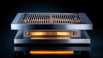 Three-tier metallic space heater with glowing orange infrared bars-- and a slotted grill, sleek, modern, warm