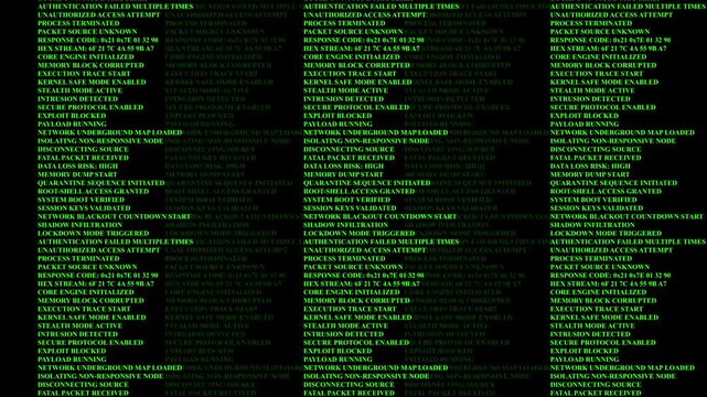 Scrolling Green Computer Code on Black Background with Repeating Lines of Text scrolling text