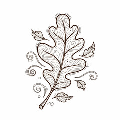 Detailed Oak Leaf Illustration with Swirling Wind Elements.