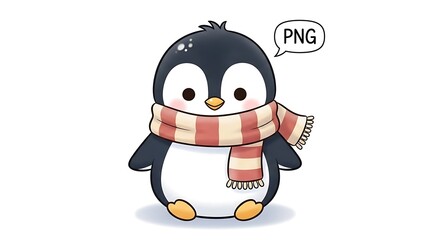 Obraz premium A cute cartoon penguin wearing a cozy striped scarf isolated on a white background