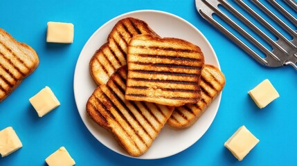 Plate of toasted grilled bread squares with cheese cubes on a bright blue background, metal tongs at the edge