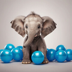 Adorable Baby Elephant Surrounded by Blue Balloons