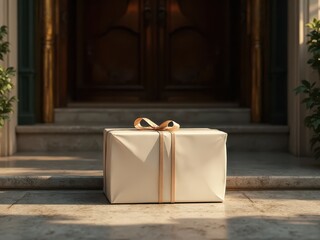 white parcel in front of house with sunlight concept for delivery