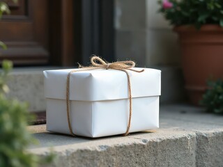 white parcel in front of house concept for delivery