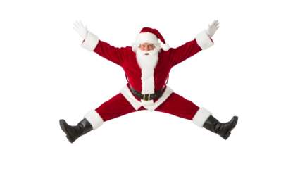 Santa claus in a celebratory pose with arms and legs spread wide