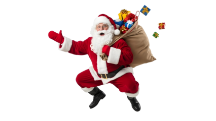 Santa claus with a sack of presents in a dynamic pose against a white background