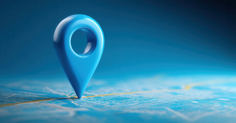 Blue map marker on a city map showing location with clear roads in the background and a bright blue design