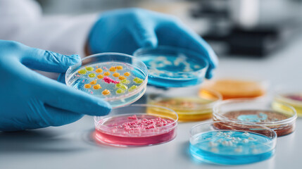 Scientist holds petri dish with colorful cultures in a lab setting during an experiment focused on microbiology