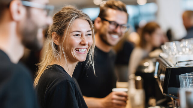 Colleagues chatting casually near office coffee machine, faceless people interacting, relaxed workplace culture, soft indoor light, with copy space