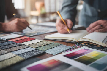 Designers review fabric samples and color charts while taking notes at a workspace during the day